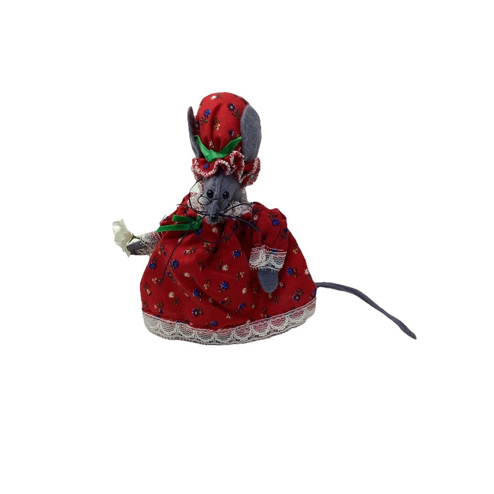 Vintage Granny Mouse Felt Christmas Ornament Floral Nightgown & Bonnet 5.5"